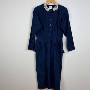 Vintage Midi Dress Womens Medium Dark Blue Chambray Lace Collar Peplum Modest